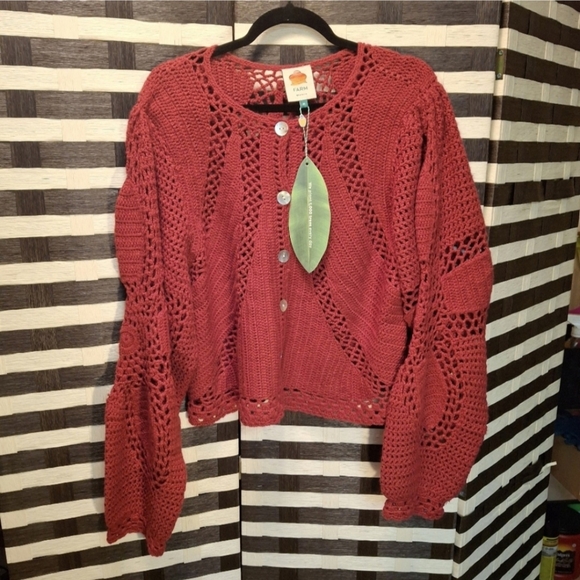 Farm Rio Handmade Crochet Dark Red Long Sleeve Cropped Sweater Women Size Medium - Picture 4 of 16